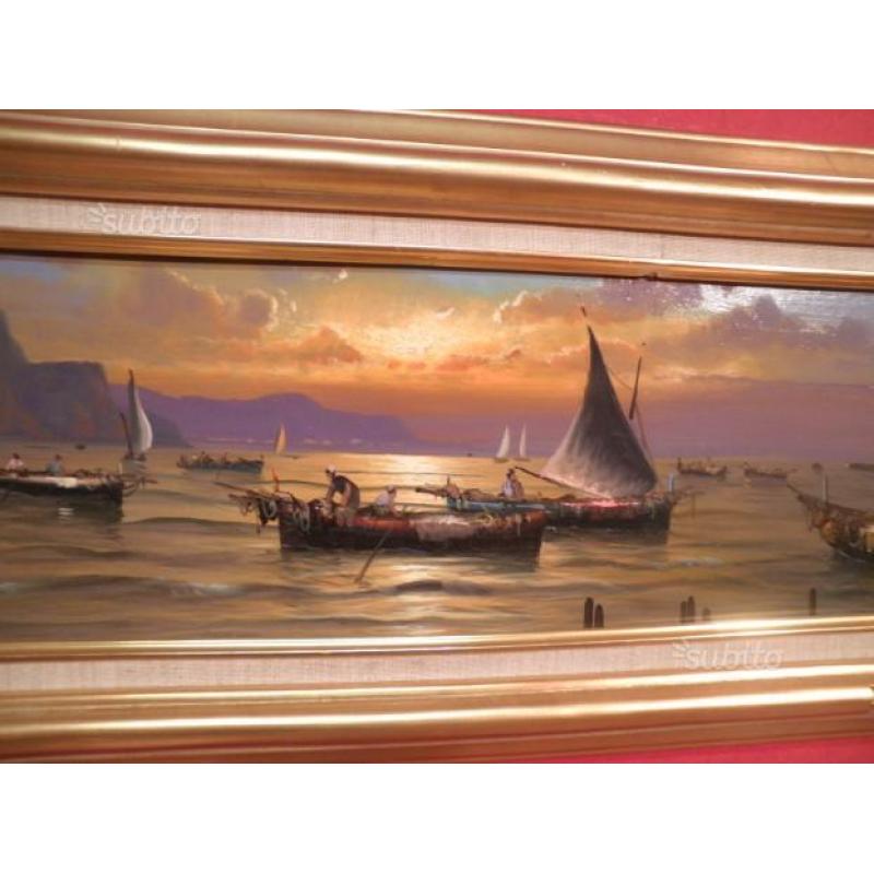 "Pescatori al tramonto" olio su tavola 20x60