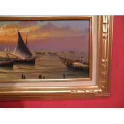 "Pescatori al tramonto" olio su tavola 20x60