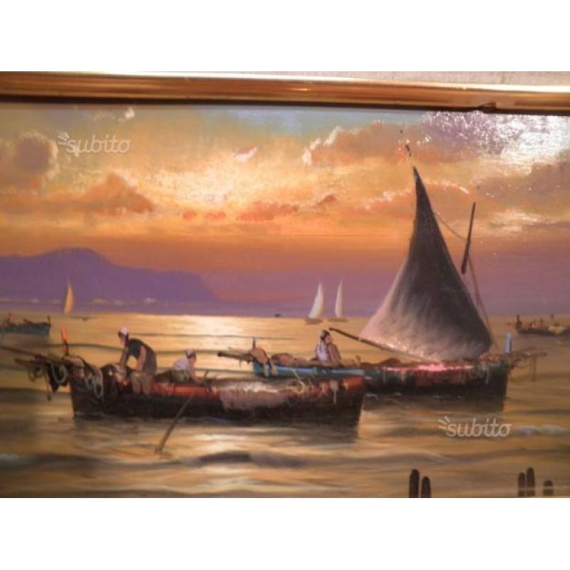 "Pescatori al tramonto" olio su tavola 20x60